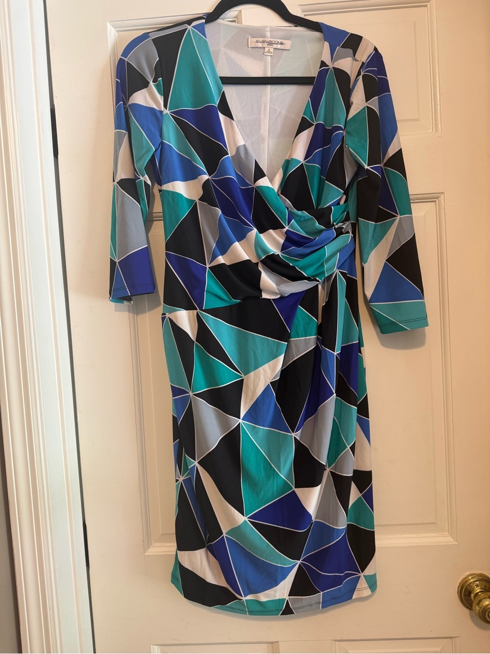 Evan Picone Geometric Wrap Midi Dress in Teal, Blue & Black
